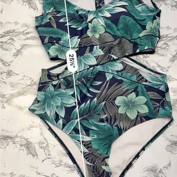 Floral Tropical Green One-Piece Swimsuit side cutouts Size Large - Picture 3 of 11